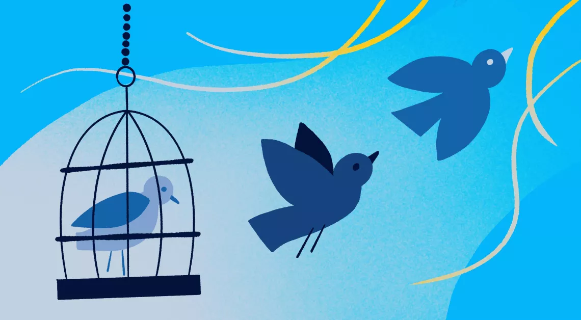 Illustration of birds flying out of a bird cage