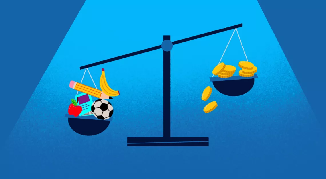 Illustration of a scale with pencils, school books, footballs and an apple outweighing gold coins